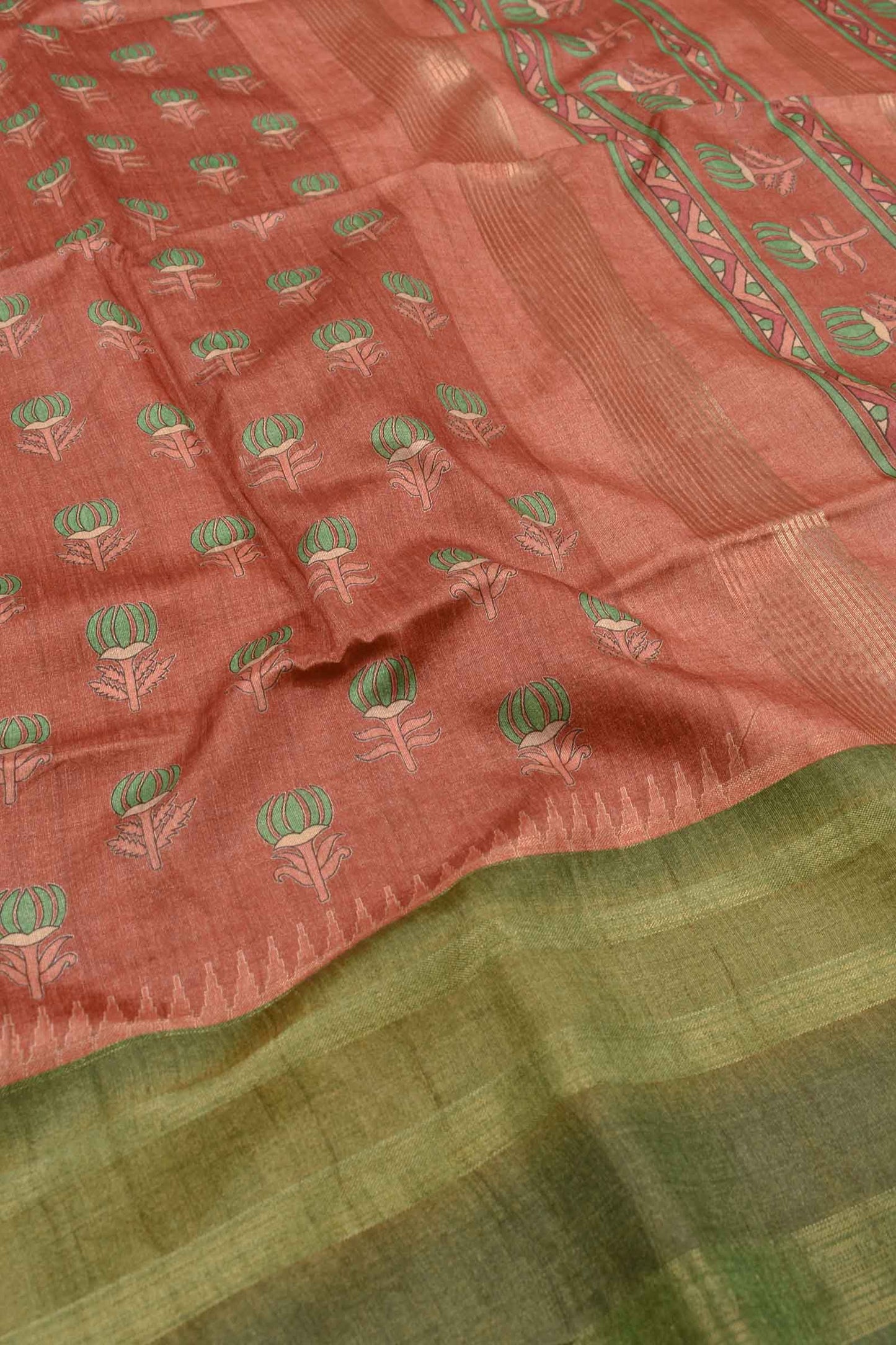 Brown Green Contrast Art Chappa Flower Print Saree