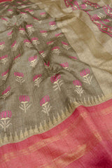 Green Pink Contrast Art Chappa Flower Print Saree