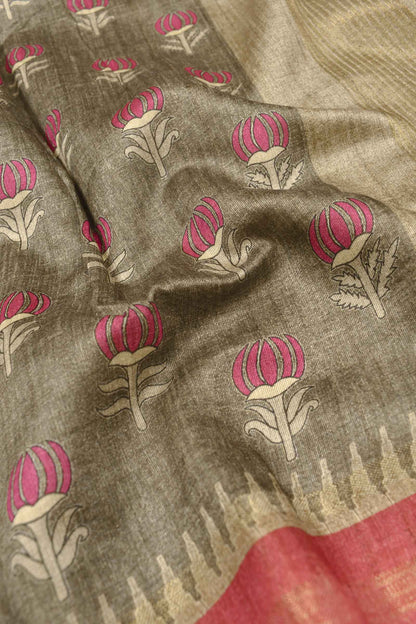 Green Pink Contrast Art Chappa Flower Print Saree