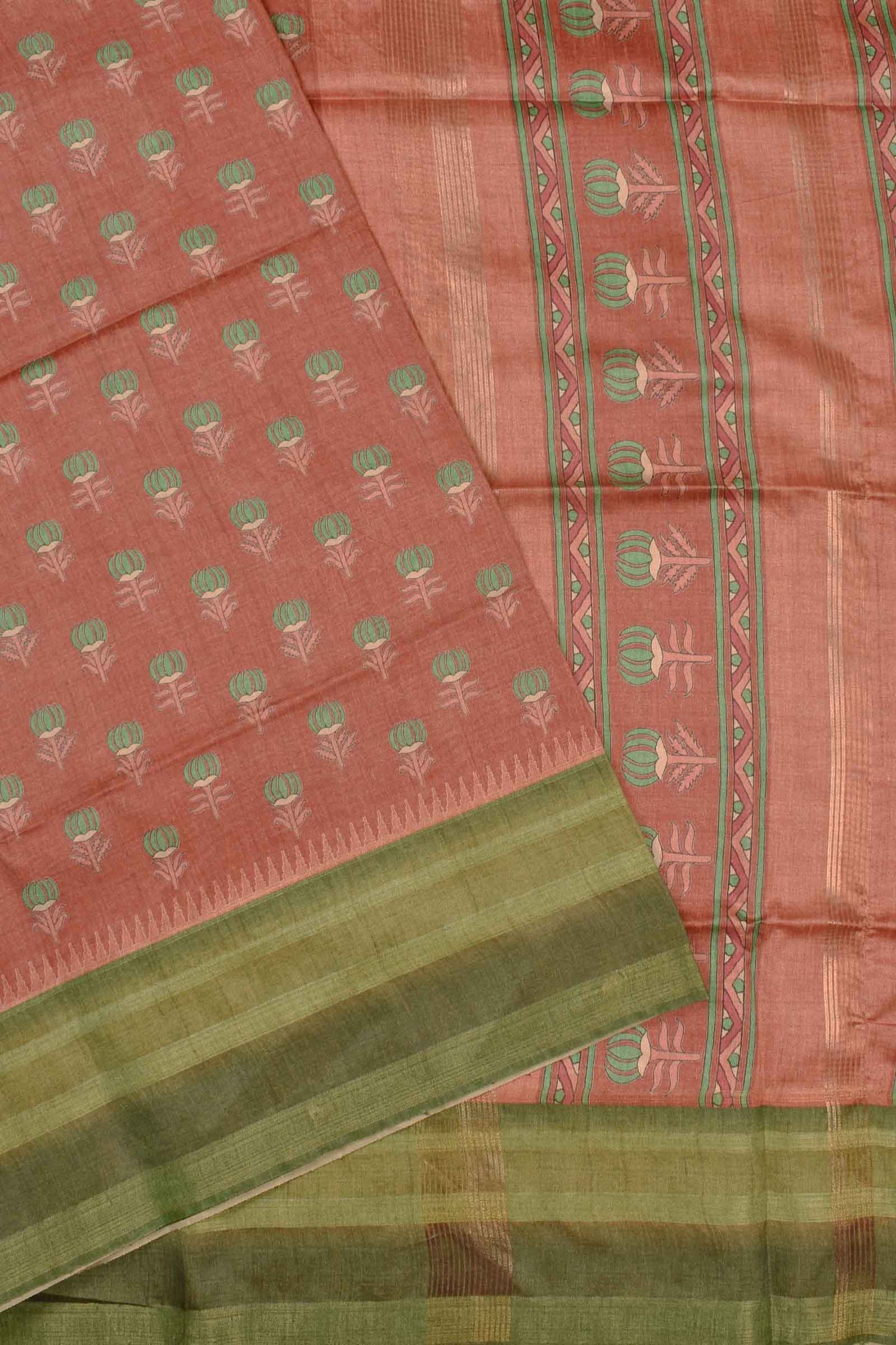 Brown Green Contrast Art Chappa Flower Print Saree