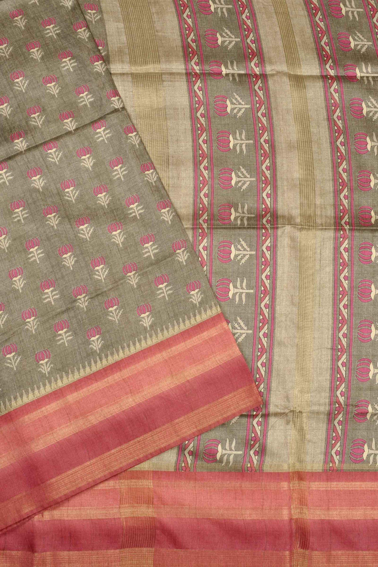 Green Pink Contrast Art Chappa Flower Print Saree