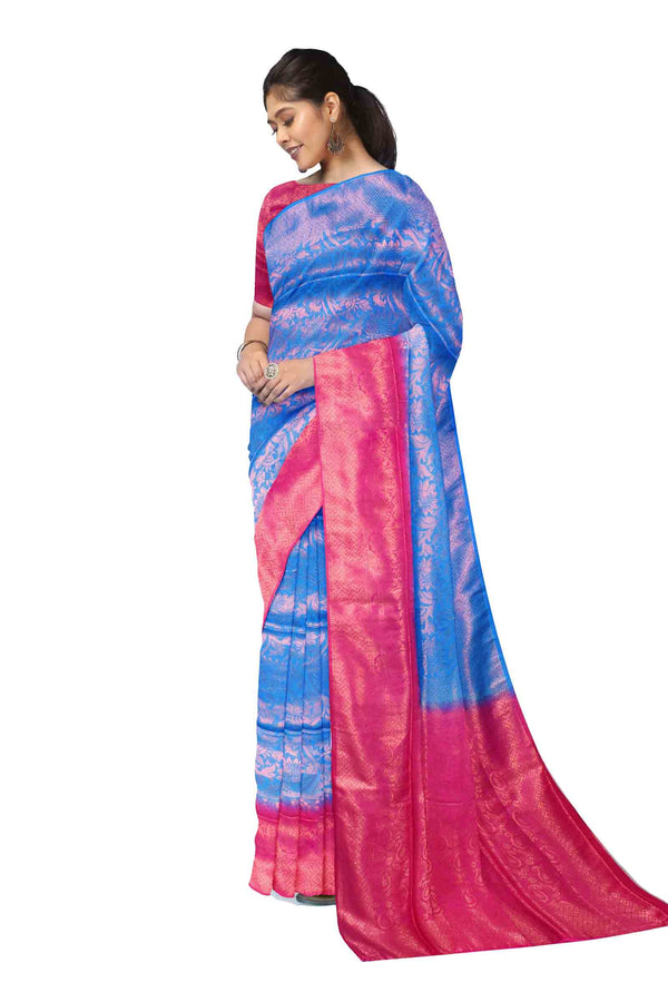 Blue Pink Contrast Banaras Softy Saree