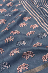 Grey Malai Silk Digital Elephant Print Saree