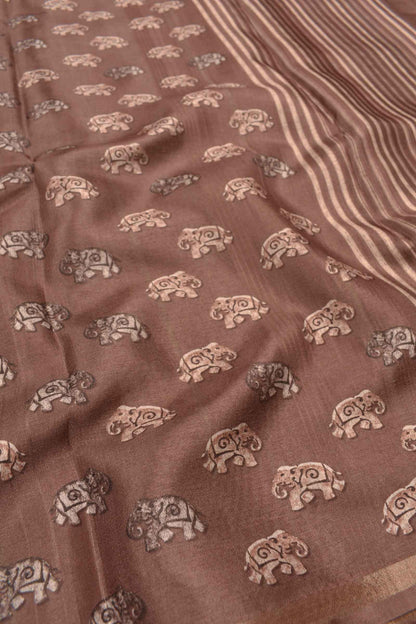 Brown Malai Silk Digital Elephant Print Saree