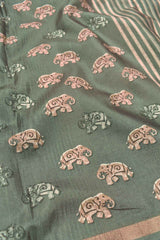 Dark Grey with Green shade Malai Silk Digital Elephant Print Saree