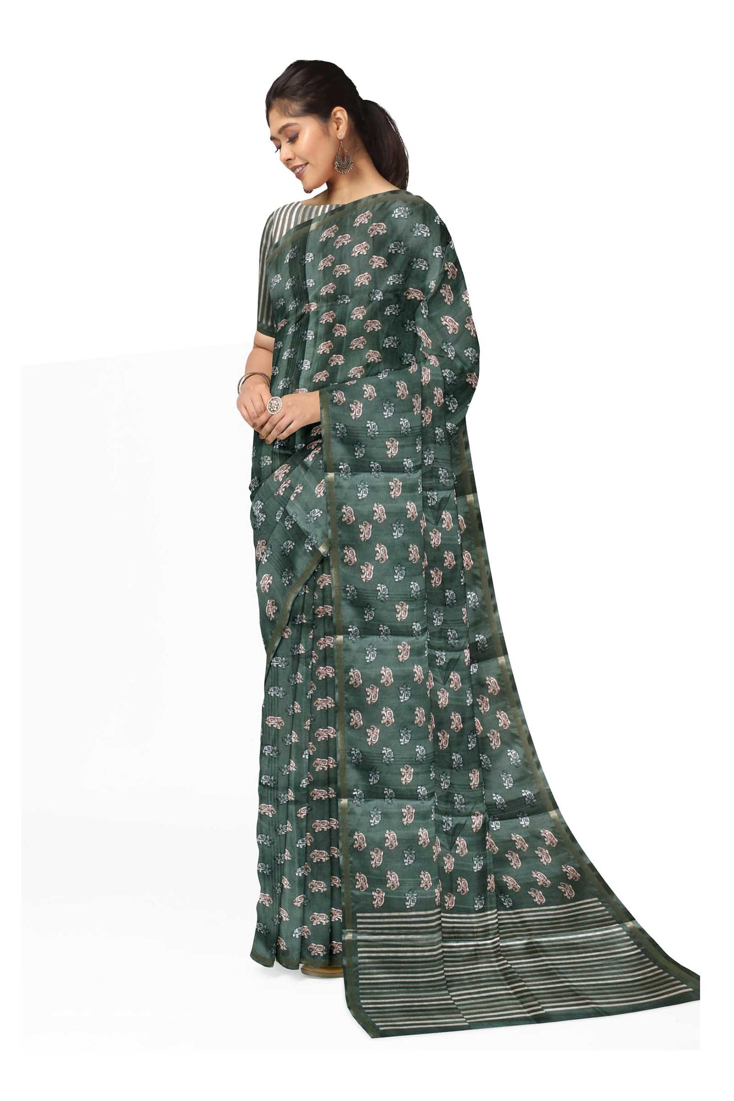 Dark Grey with Green shade Malai Silk Digital Elephant Print Saree