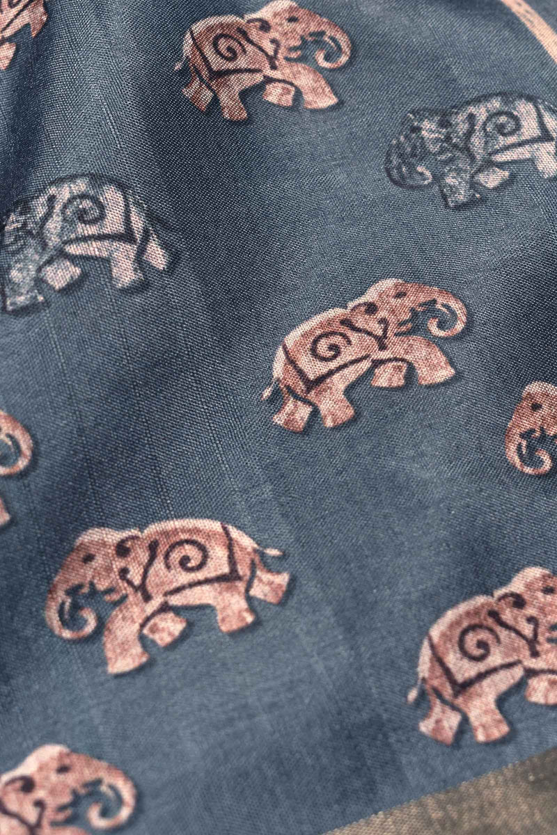 Grey Malai Silk Digital Elephant Print Saree