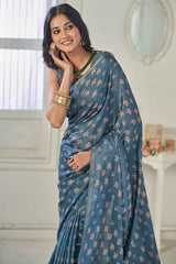 Grey Malai Silk Digital Elephant Print Saree