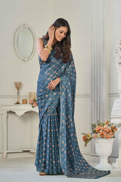 Grey Malai Silk Digital Elephant Print Saree