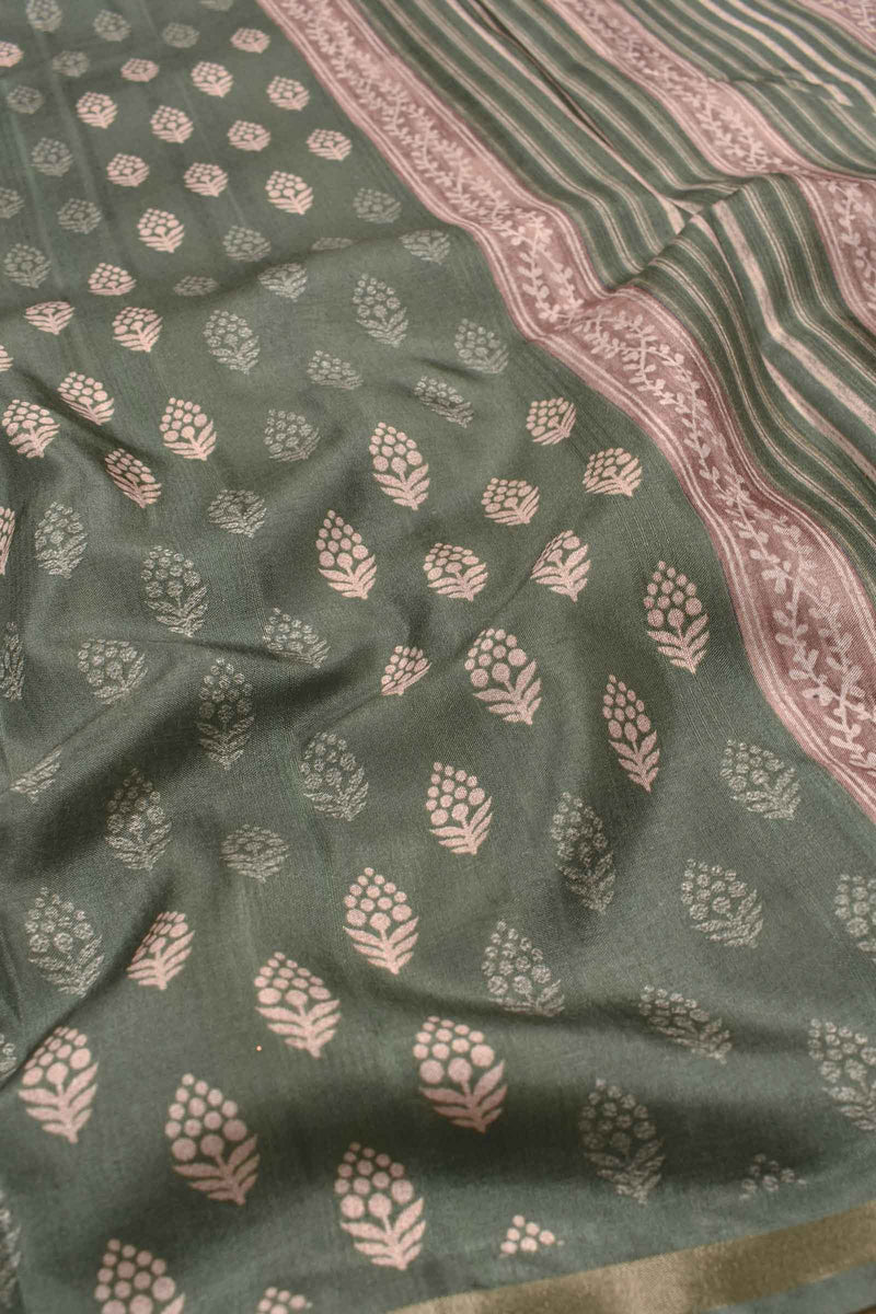 Green Malai Silk Digital Flower Print Saree