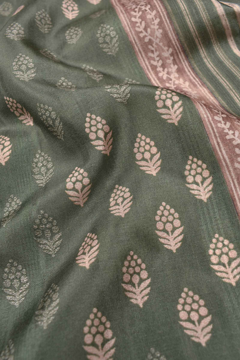 Green Malai Silk Digital Flower Print Saree