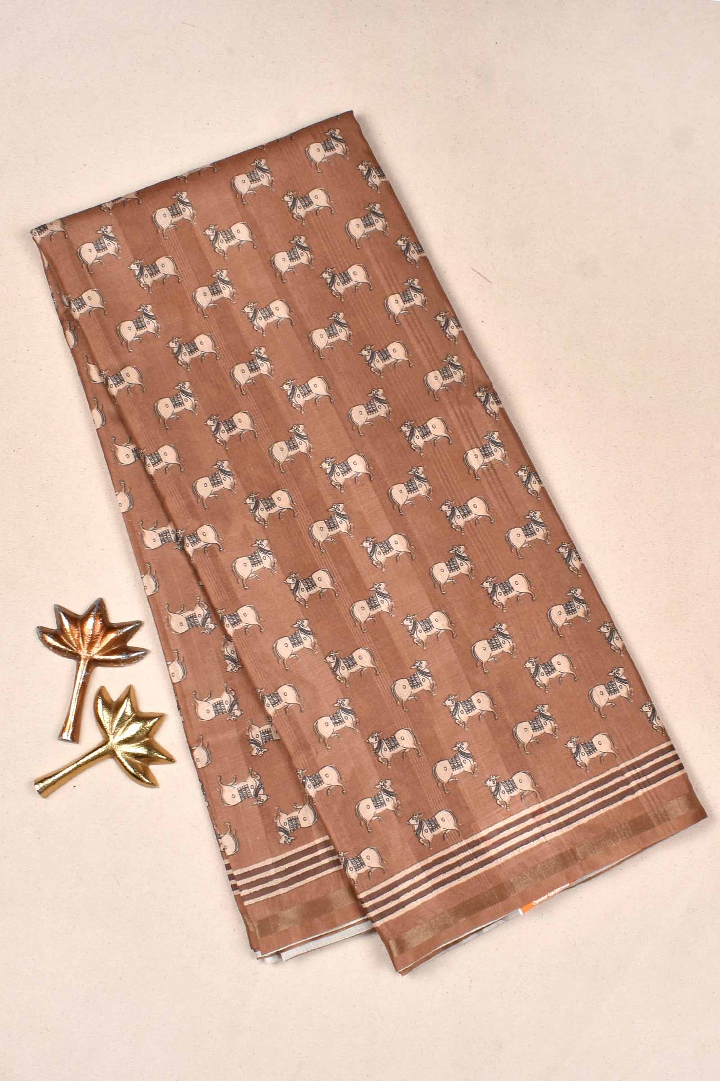 Brown Malai Silk Digital Cow Print Saree