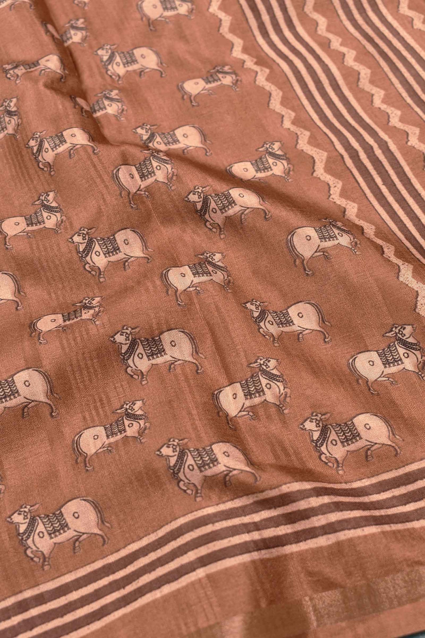 Brown Malai Silk Digital Cow Print Saree