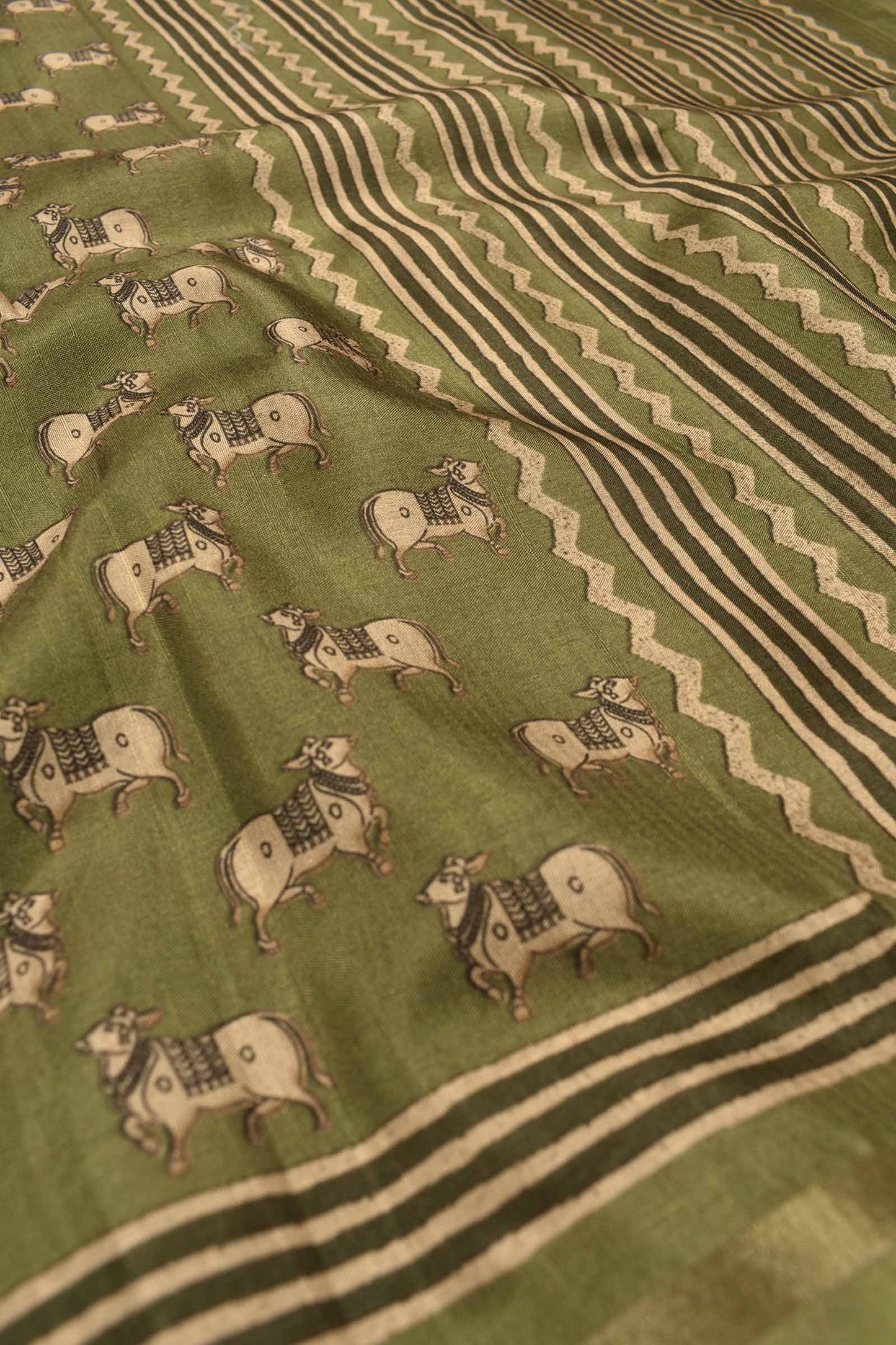 Green Malai Silk Digital Cow Print Saree