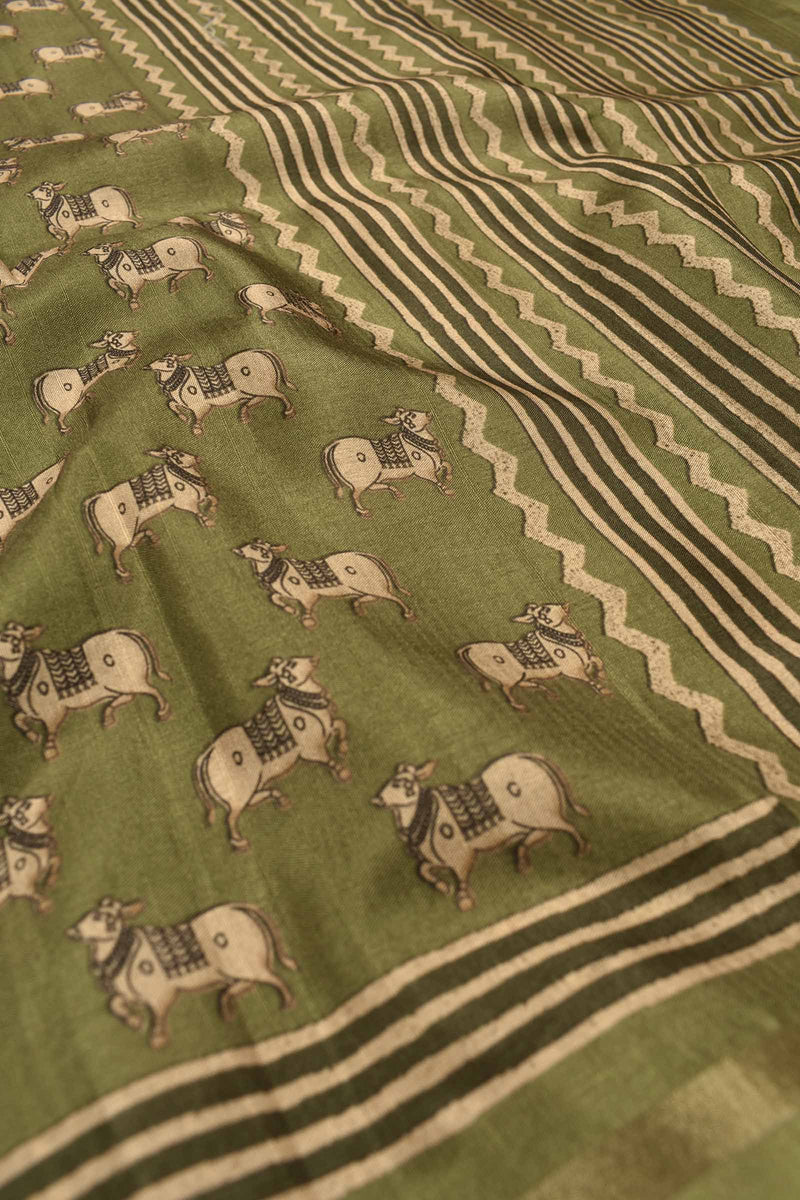 Green Malai Silk Digital Cow Print Saree