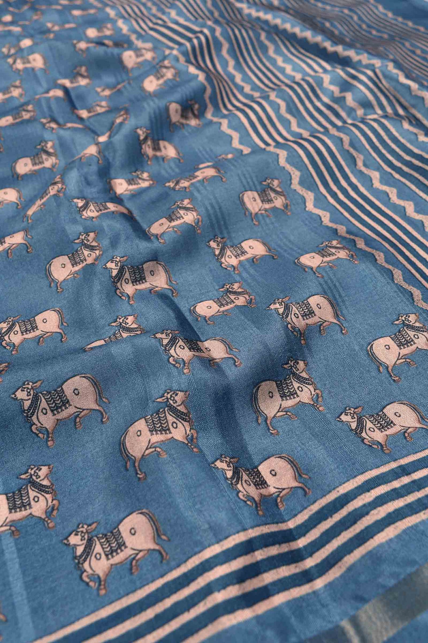 Blue Malai Silk Digital Cow Print Saree