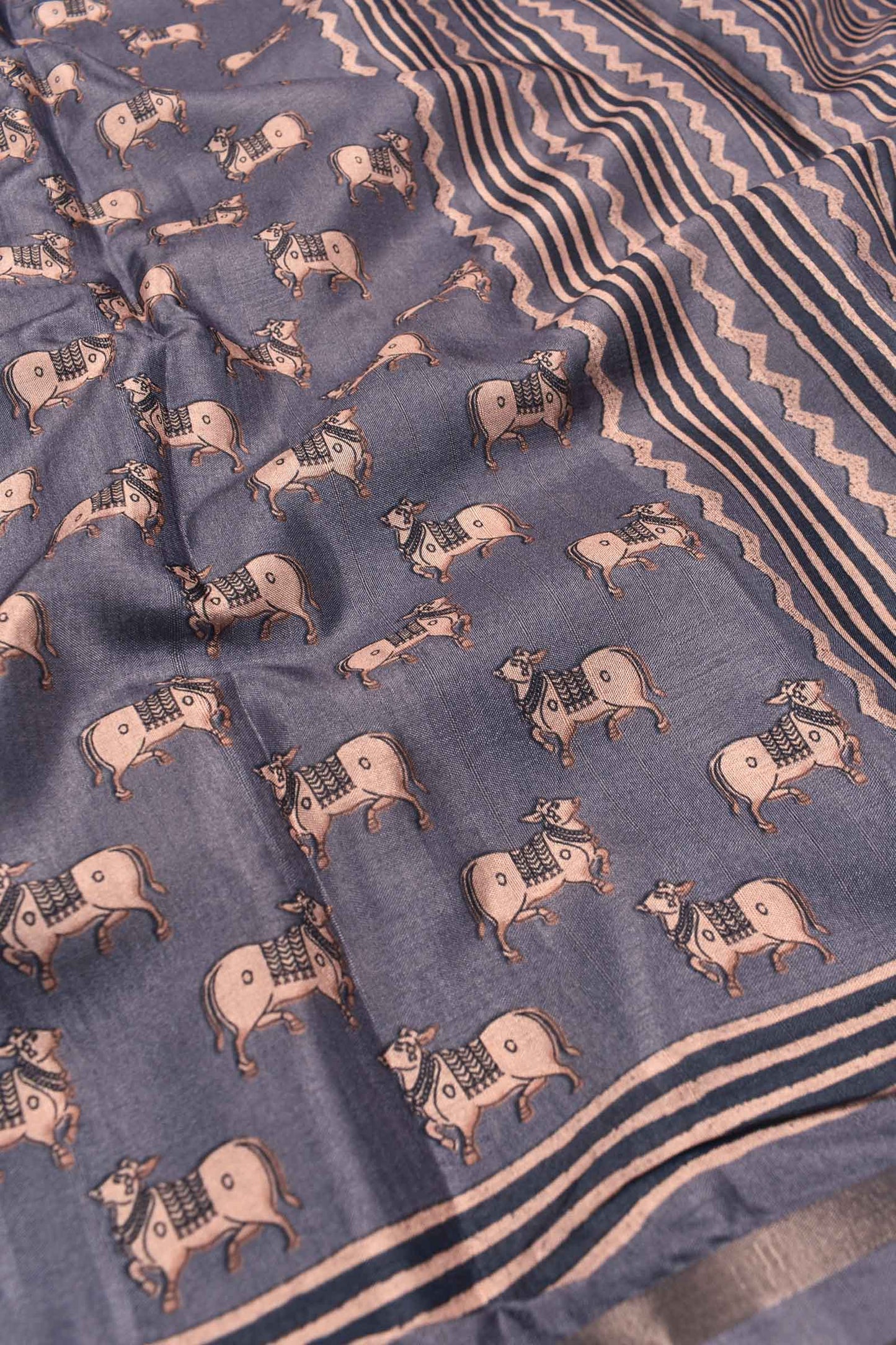 Grey Malai Silk Digital Cow Print Saree