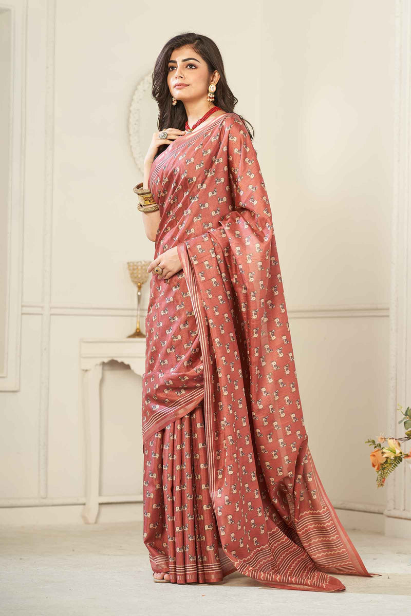 Pink Malai Silk Digital Cow Print Saree