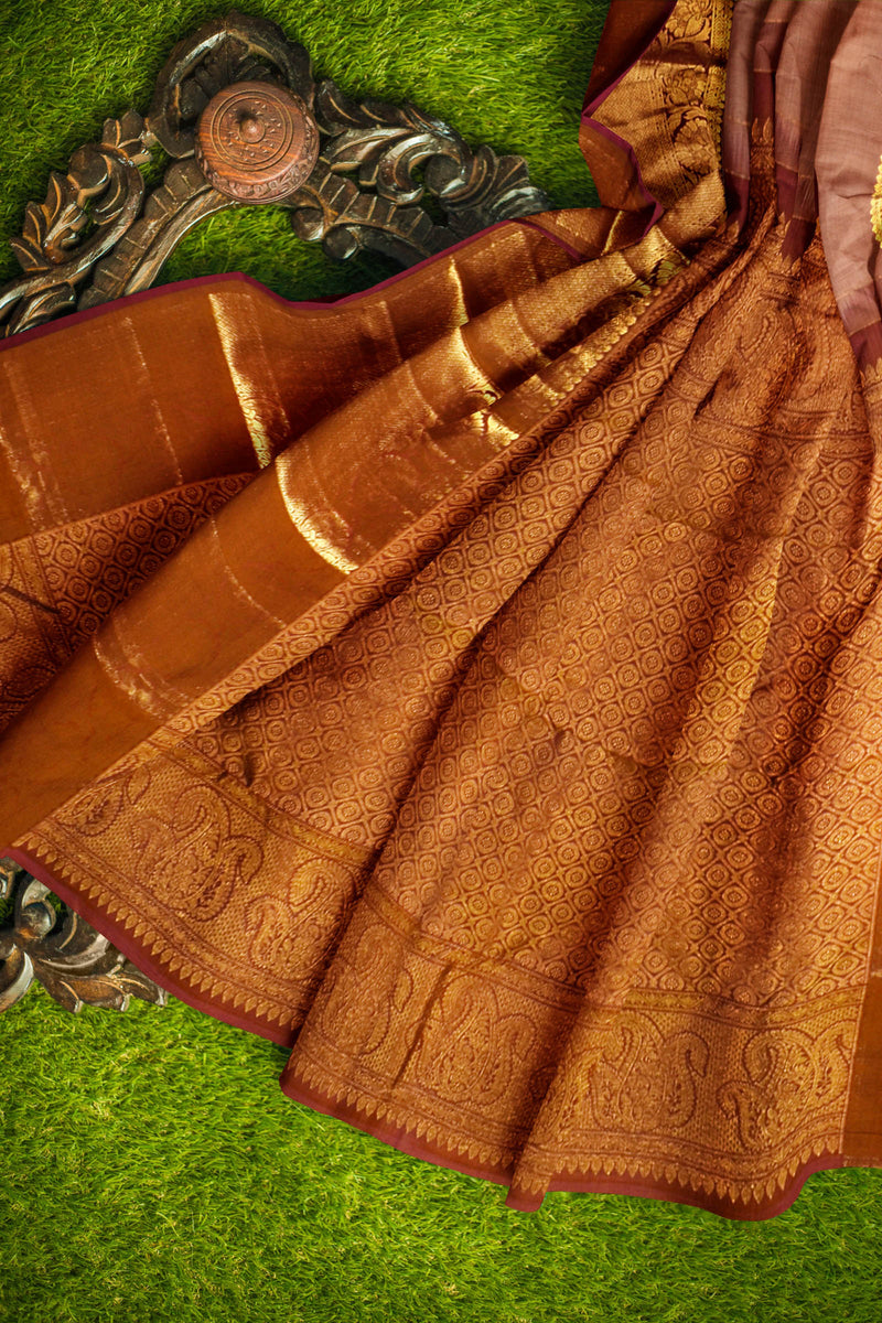 Sandal Light Weight Arani Pure Silk Big Border Contrast Brown Blouse Saree