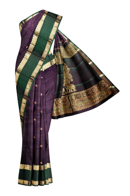 Dark Violet Pure Silk Light Weight Arani Contrast Green Double Border Elephant Pallu Saree