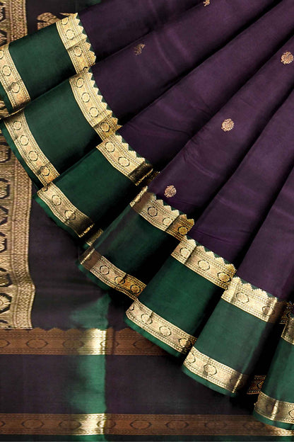 Dark Violet Pure Silk Light Weight Arani Contrast Green Double Border Elephant Pallu Saree