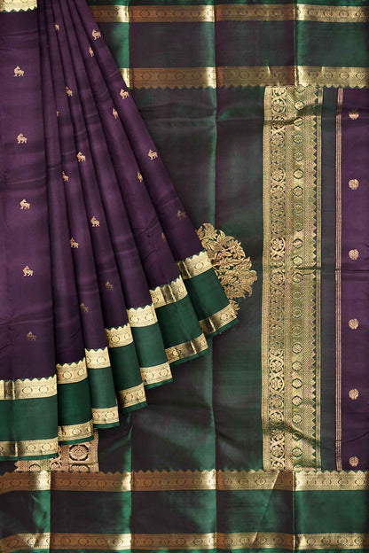 Dark Violet Pure Silk Light Weight Arani Contrast Green Double Border Elephant Pallu Saree