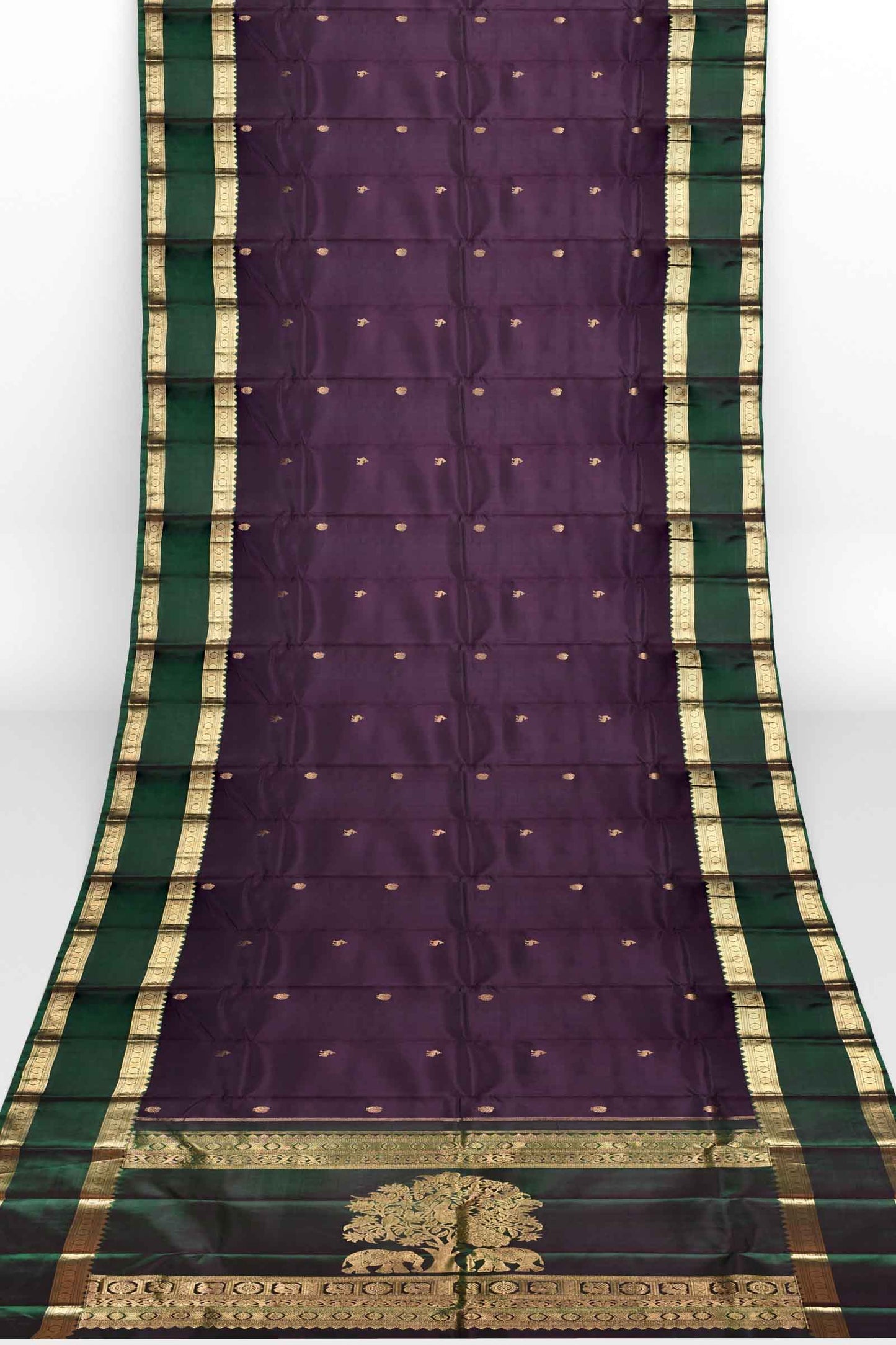 Dark Violet Pure Silk Light Weight Arani Contrast Green Double Border Elephant Pallu Saree