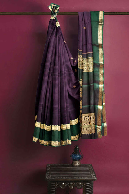 Dark Violet Pure Silk Light Weight Arani Contrast Green Double Border Elephant Pallu Saree