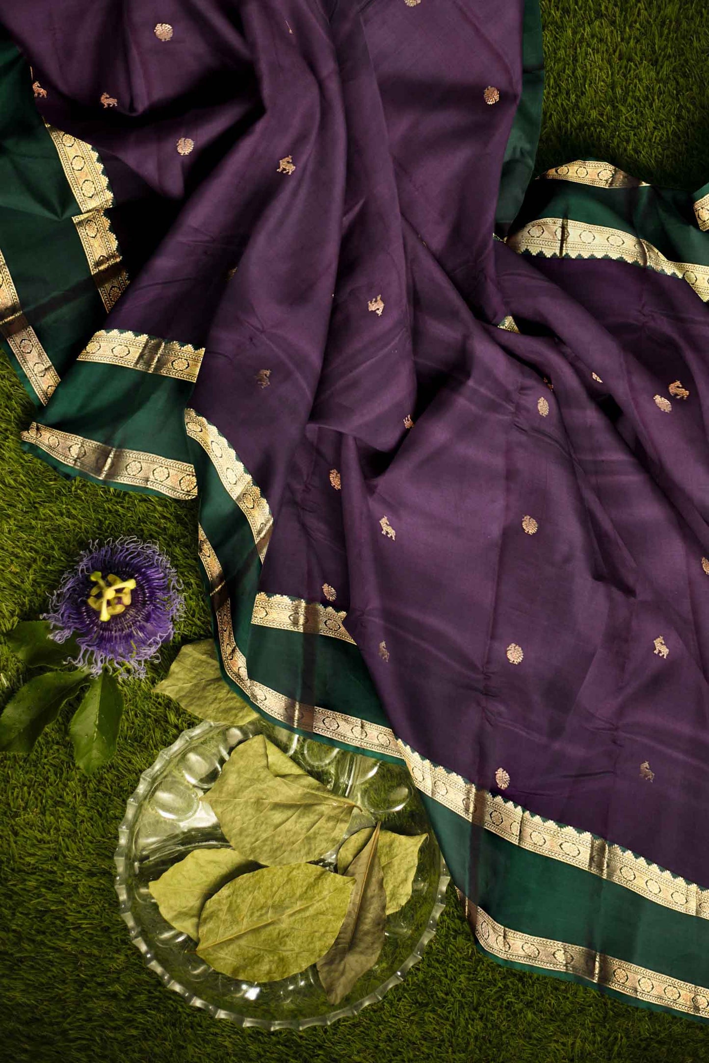 Dark Violet Pure Silk Light Weight Arani Contrast Green Double Border Elephant Pallu Saree