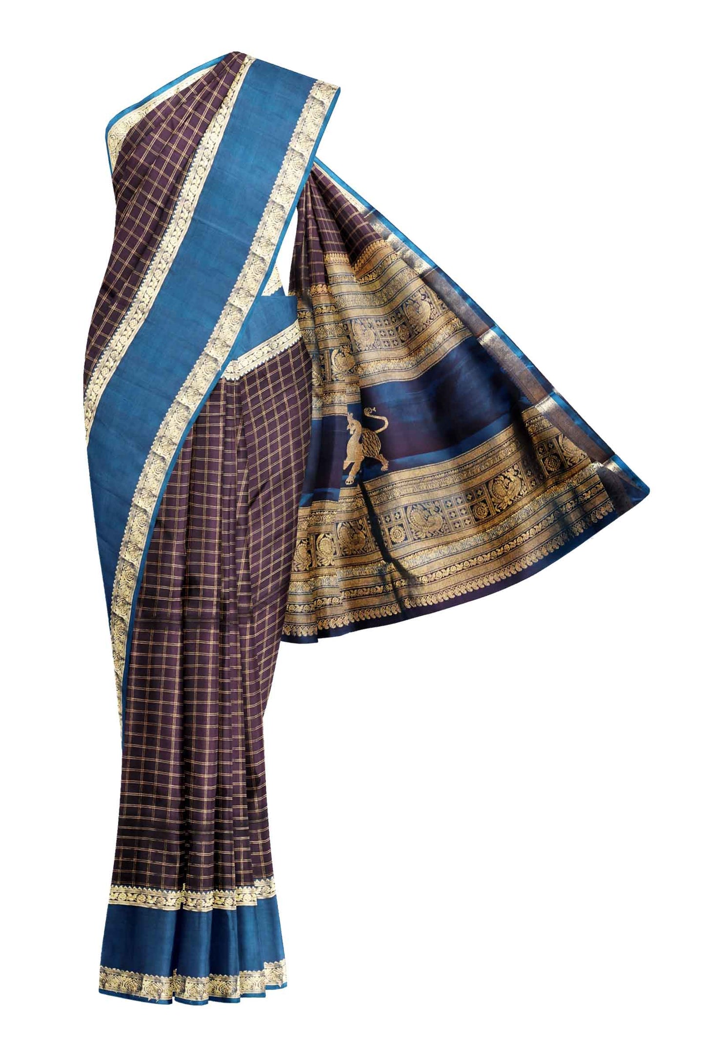 Dark Violet Light Weight Pure Silk Arani Checkered Body Contrast Blue Border Yazhi Butta Pallu Saree