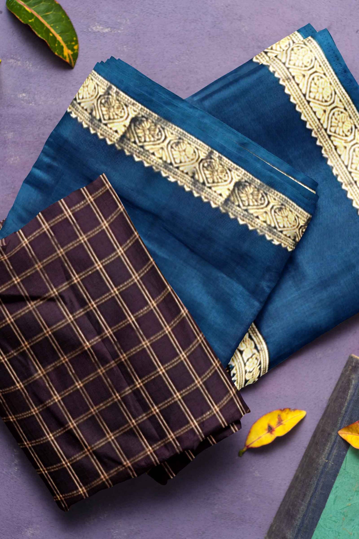 Dark Violet Light Weight Pure Silk Arani Checkered Body Contrast Blue Border Yazhi Butta Pallu Saree