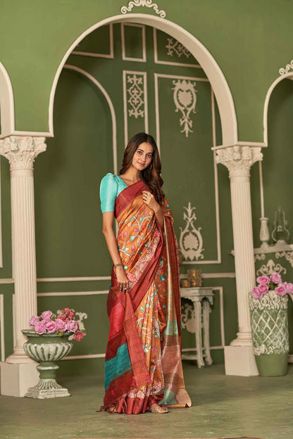 Orange Chappa Digital Animal Print Saree