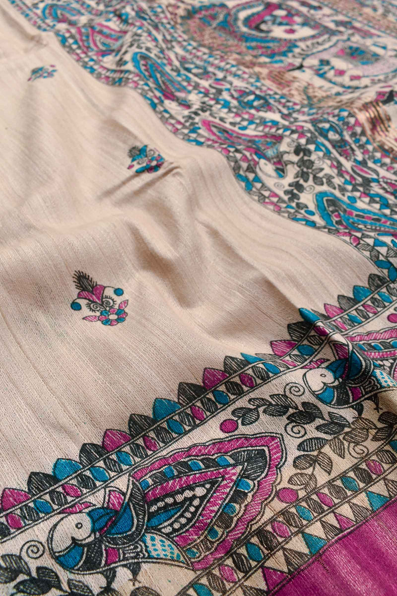 Off White Tussar Madhubani Print Saree