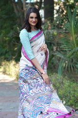 Off White Tussar Madhubani Print Saree