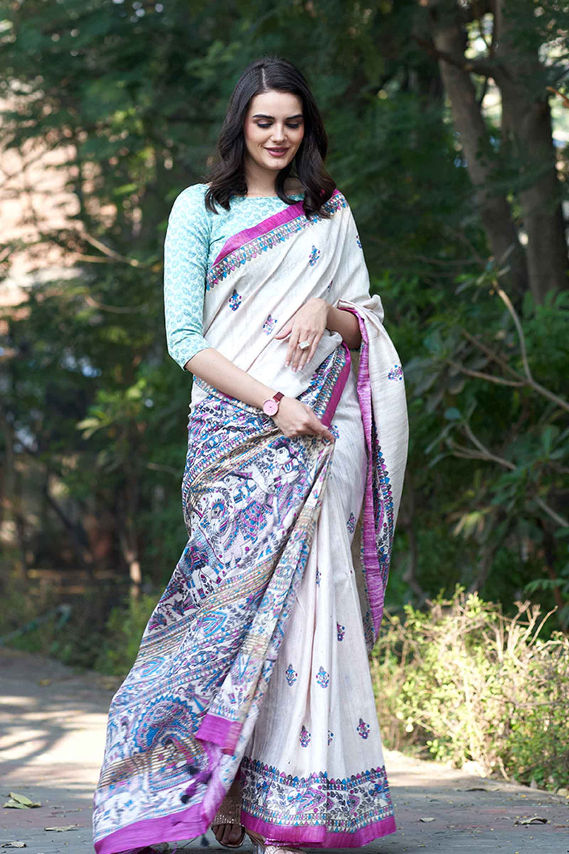 Off White Tussar Madhubani Print Saree