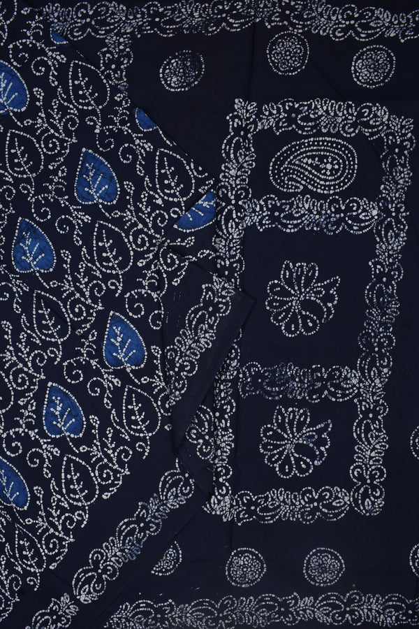 Dark Blue Pure Cotton Sungudi Leaf Print Saree