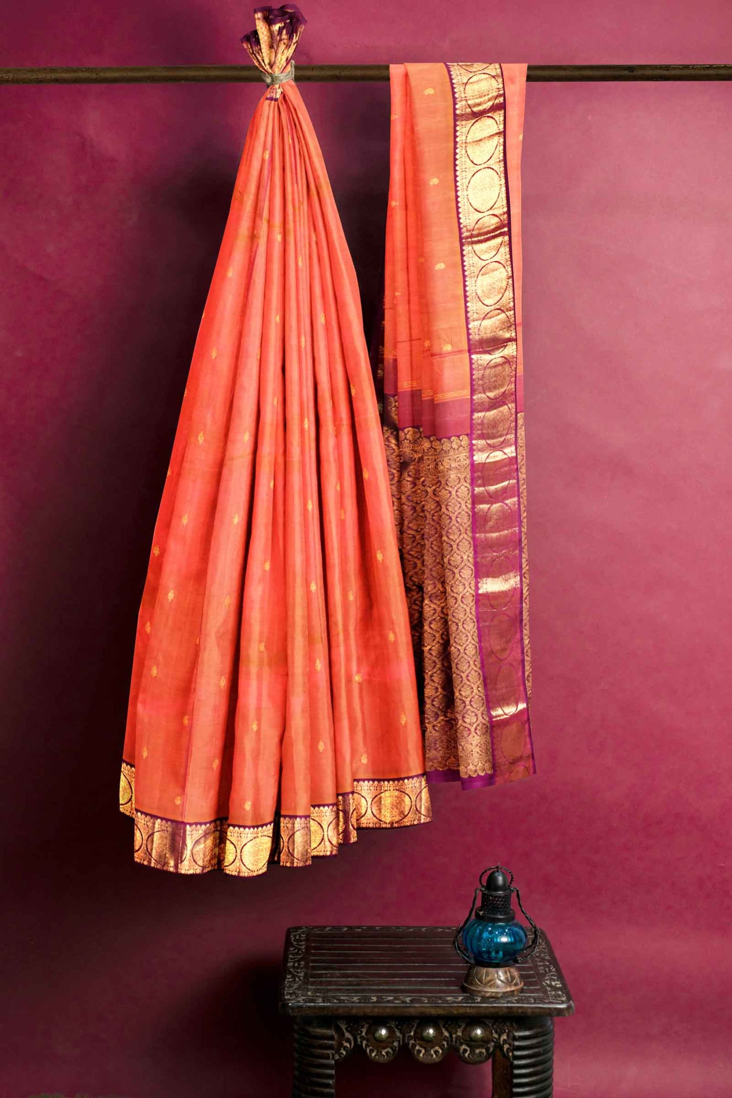 Orange Light Weight Pure Silk Arani Contrast Blouse Saree