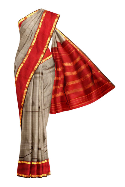 Grey Light Weight Pure Silk Arani Contrast Double Border Traditional Butta Pallu Saree