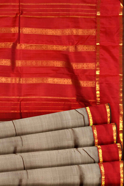 Grey Light Weight Pure Silk Arani Contrast Double Border Traditional Butta Pallu Saree