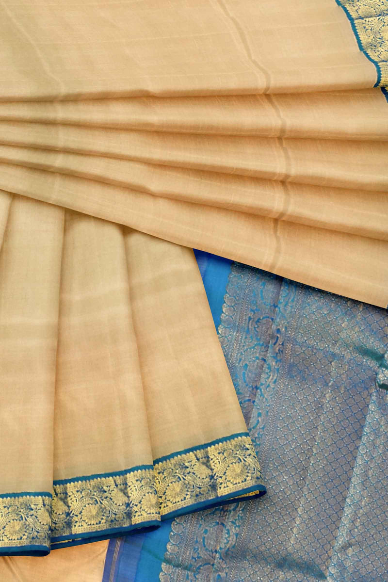 Sandal Light Weight Pure Silk Arani Contrast Blue Border Saree