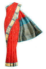 Red Light Weight Pure Silk Arani Traditional Butta Contrast Blue Pallu Saree