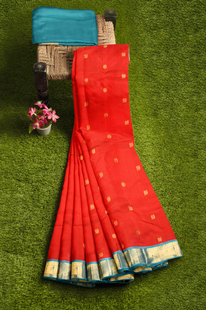 Red Light Weight Pure Silk Arani Traditional Butta Contrast Blue Pallu Saree