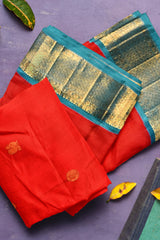 Red Light Weight Pure Silk Arani Traditional Butta Contrast Blue Pallu Saree