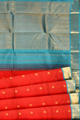 Red Light Weight Pure Silk Arani Traditional Butta Contrast Blue Pallu Saree