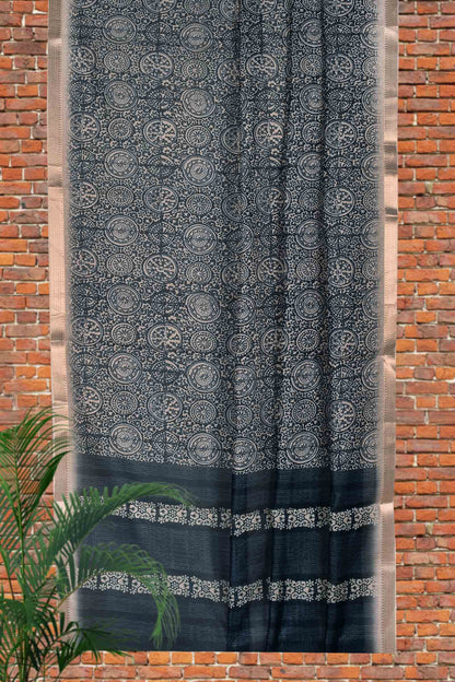 Black Digital Chanderi Linen Saree