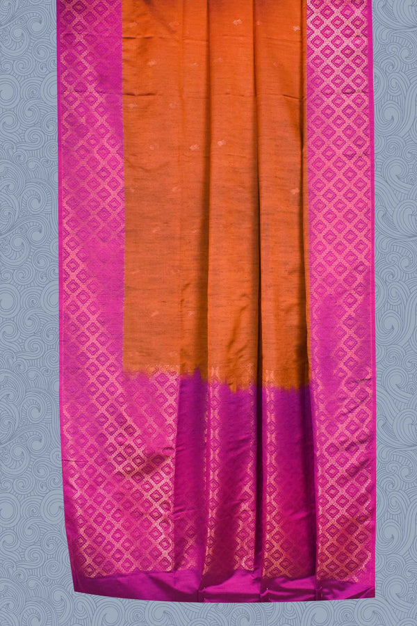 Brown Pink Dupion Slub Small Butta Fancy Border Semi Soft Silk Saree