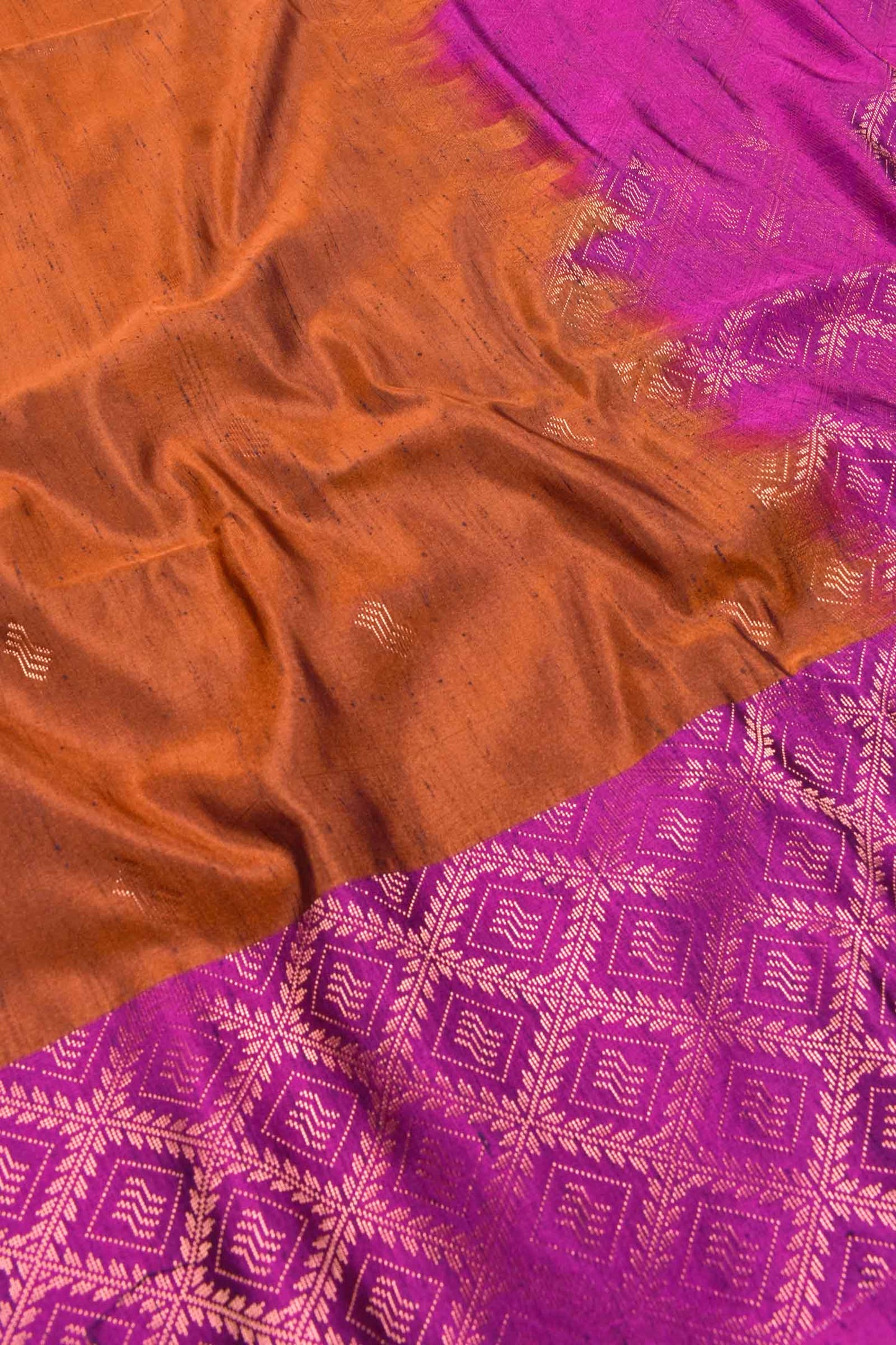 Brown Pink Dupion Slub Small Butta Fancy Border Semi Soft Silk Saree