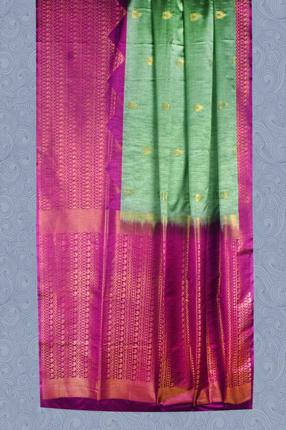 Green Pink Tower Mango Butta Fancy Border Semi Soft Silk Saree