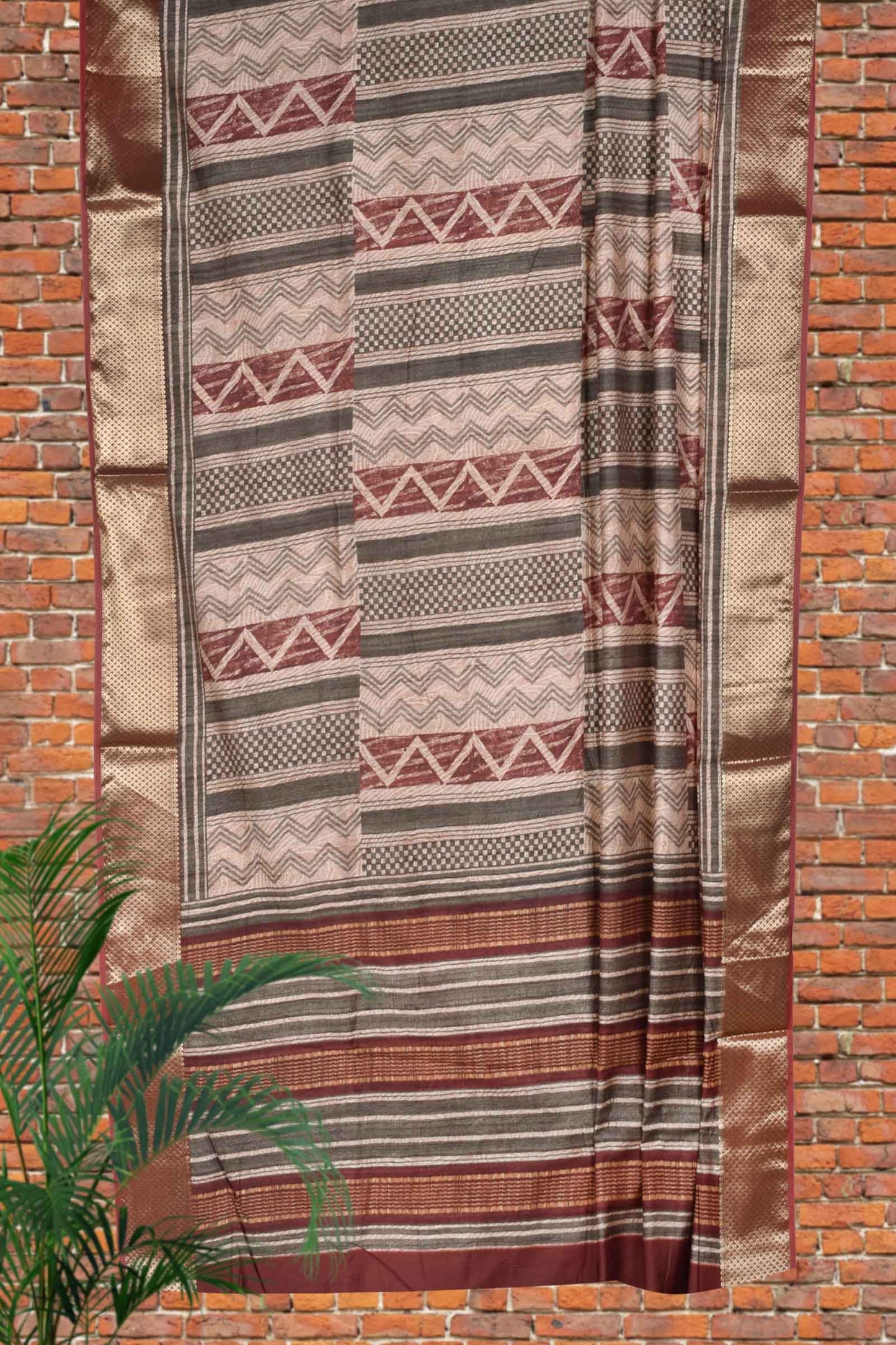 Light Brown Digital Geometric Chanderi Viscose Saree