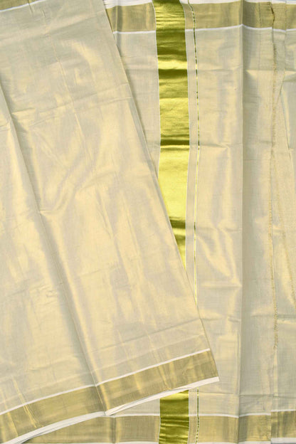 Off White Pure Kerala Tissue Cotton Plain Golden Zari Saree
